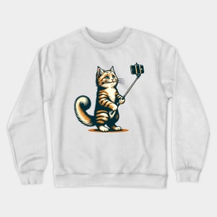 Cat taking a selfie with a selfie stick Crewneck Sweatshirt